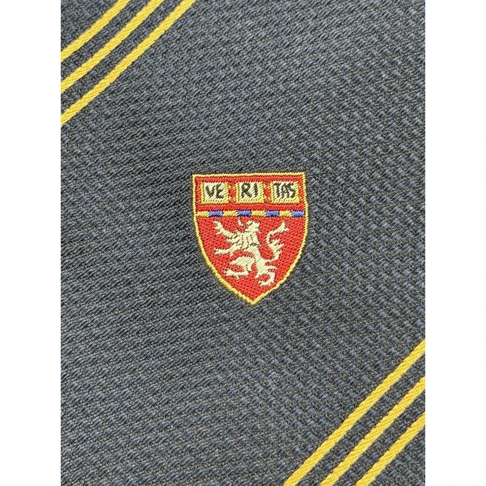 M. La Hart VTG Navy Blue Silk Harvard Striped Necktie Crest Pattern Made In USA